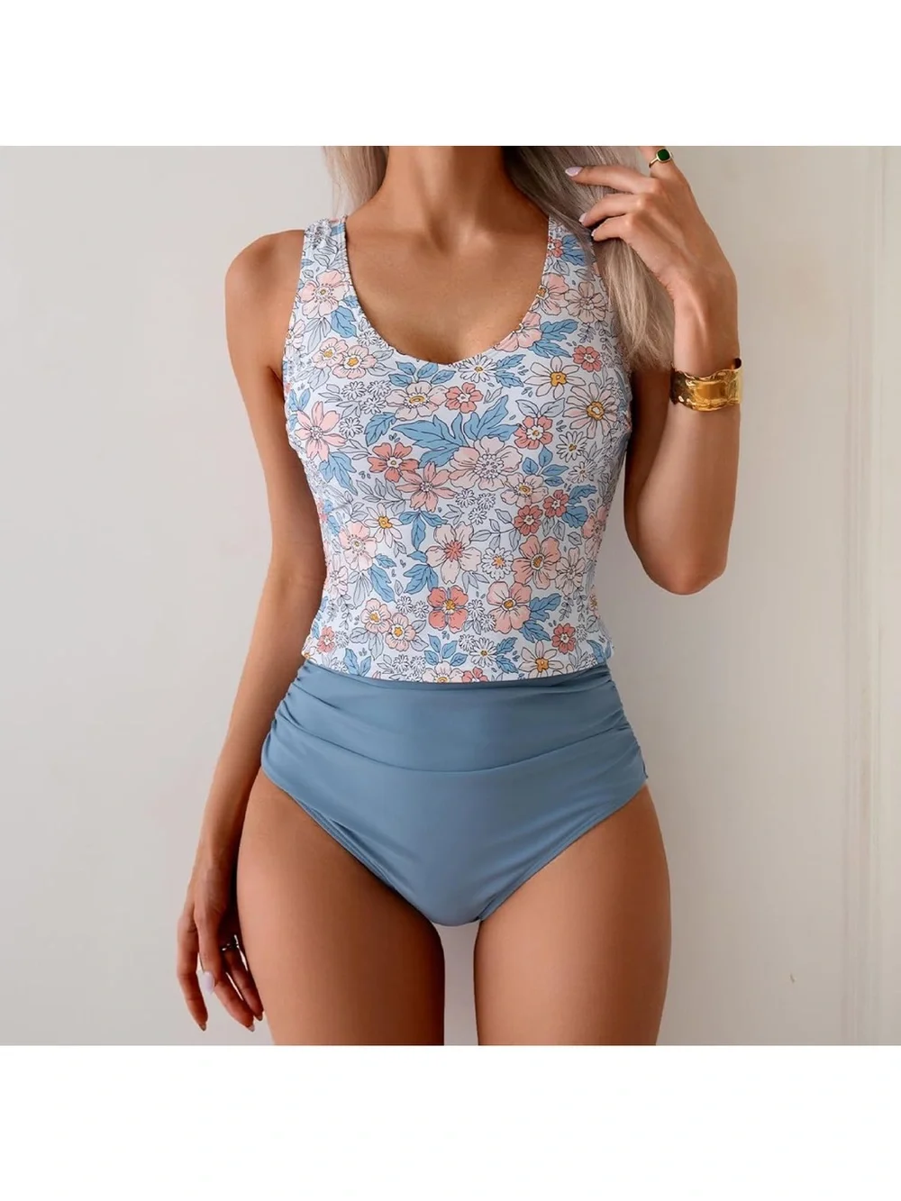 Two Piece Tankini Swimsuit Tummy Control U Back Swim Tank Top. 1966/8-3